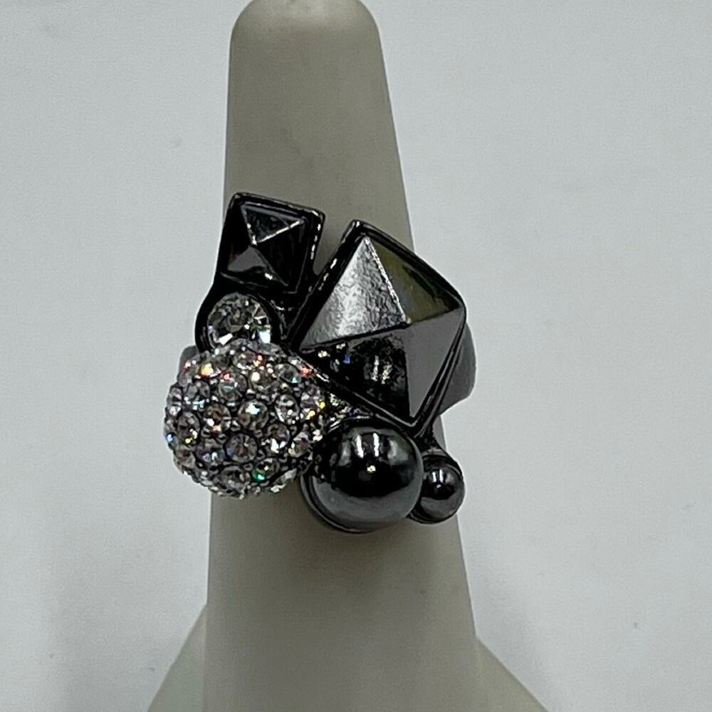 J. Crew Ring Black Gummetal Pave Bead Round Crystal Cocktail‎ Ring Sz 6.5